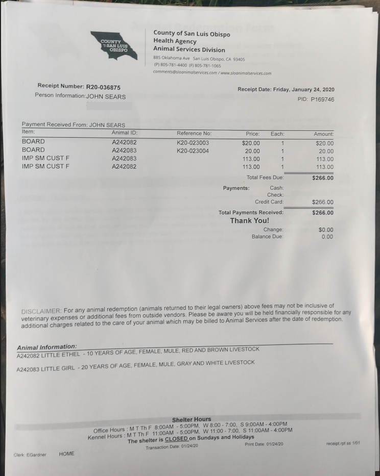 Paid Receipt for release of the mules from Animal Services